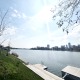 21. Bezirk Wien, an der Oberen Alten Donau, mit Blick auf das Wasser, Holzsteg im Vordergrund, Wien-Skyline im Hintergrund