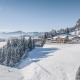 wunderschöne Winterlandschaft in Kirchdorf in Tirol, blauer Himmel, Berge im Hintergrund, schneebedeckte Bäume und Wiesen, rechts oberhalb Häuser
