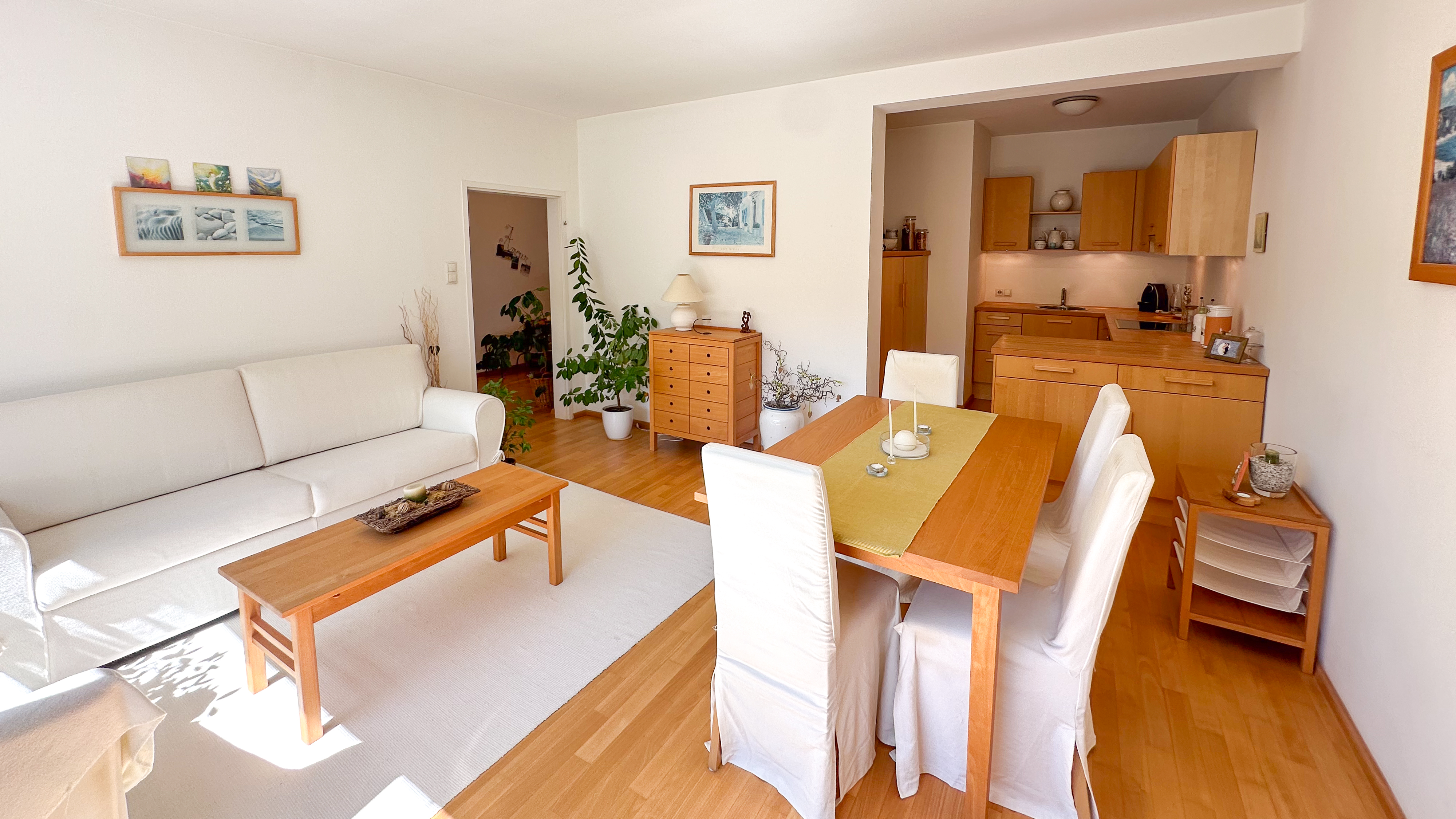 Helles Zimmer mit Couch, Couchtisch, Kommode, Esstisch mit Stühlen, offene Küche, Pflanzen