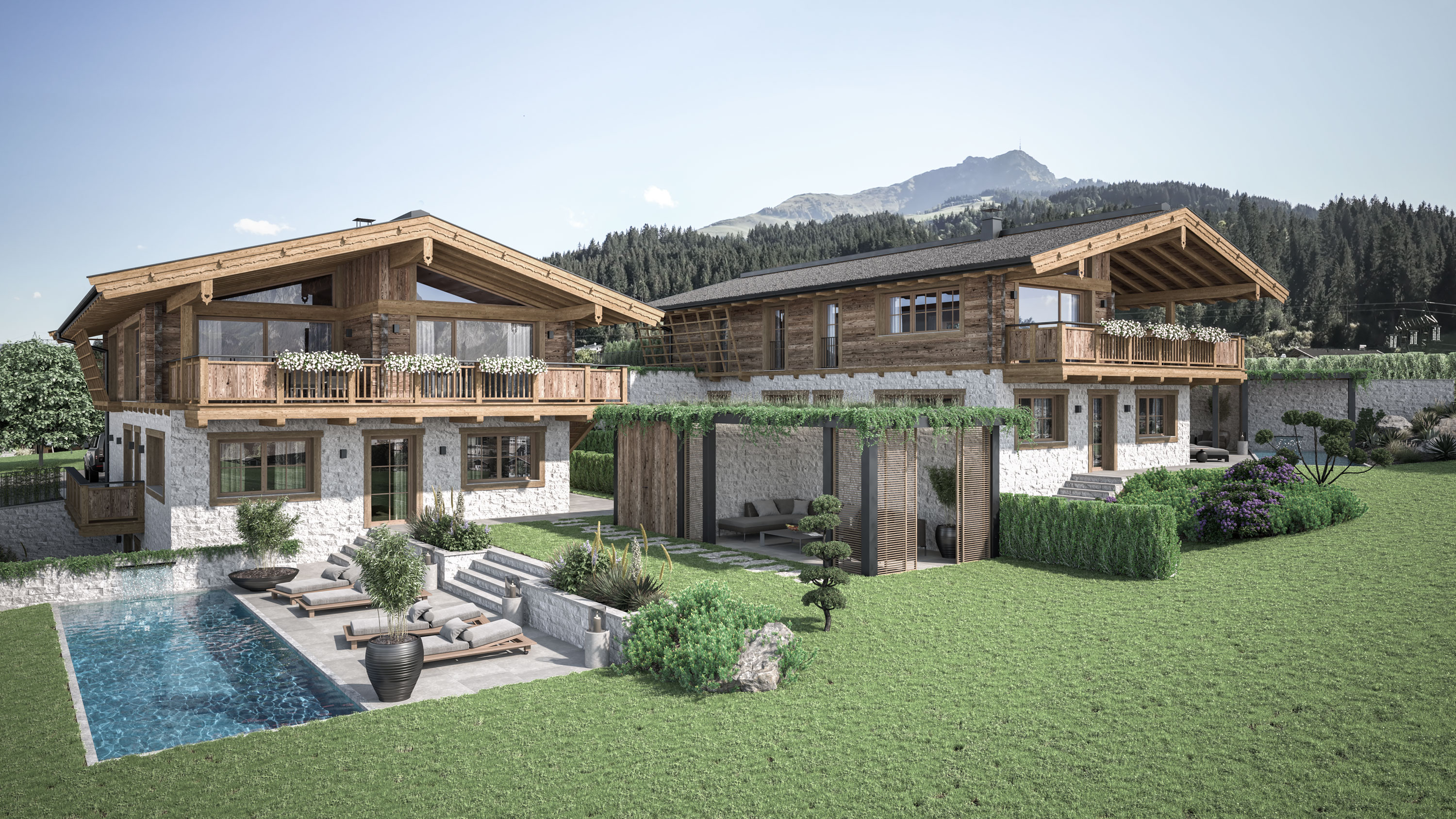 Neubauprojekt in St. Johann in Tirol, 2 exklusive Chalets - Fassade Oberstock mit Holzfenster und Holzbalkon, Holzdachgiebel, Erdgeschosse in Steinmaueroptik, mit Pool und schönem Außenbereich, begrünter Gartenbereich
