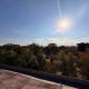 Ausblick von einem Zinshaus über das Dach, Blick in den blauen Himmel und auf Bäume, im 15. Bezirk Wiens